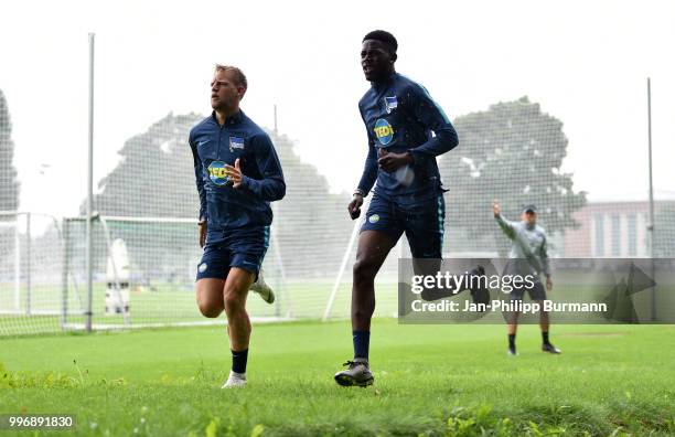 Arne Maier and Jordan Torunarigha of Hertha BSC during the training at the Schenkendorfplatz on July 12, 2018 in Berlin, Germany.