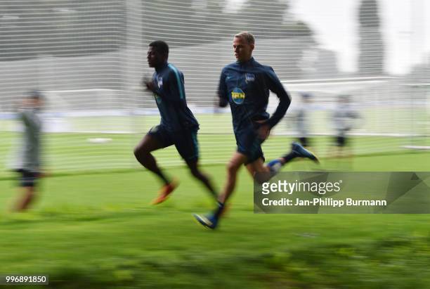 Javairo Dilrosun and Ondrej Duda of Hertha BSC during the training at the Schenkendorfplatz on July 12, 2018 in Berlin, Germany.