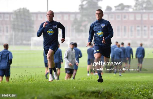 Dennis Jastrzembski and Sinan Kurt of Hertha BSC during the training at the Schenkendorfplatz on July 12, 2018 in Berlin, Germany.