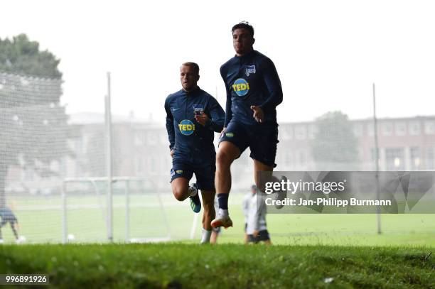 Pascal Koepke and Nikos Zografakis of Hertha BSC during the training at the Schenkendorfplatz on July 12, 2018 in Berlin, Germany.