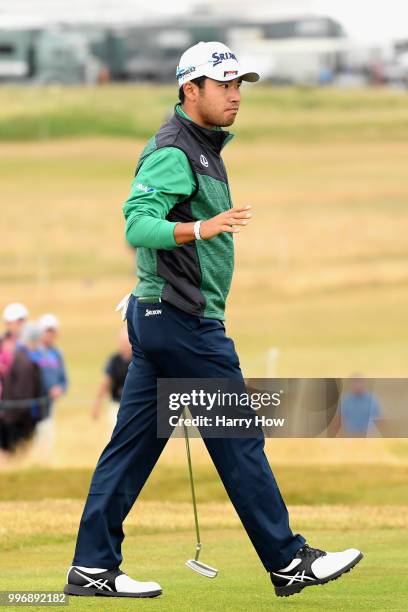 Hideki Matsuyama of Japan reacts to a birdie putt on hole four during day one of the Aberdeen Standard Investments Scottish Open at Gullane Golf...