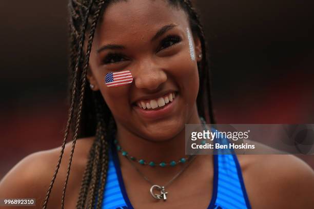 Tara Davis of The USA looks on during qualifying for the women's long jump on day three of The IAAF World U20 Championships on July 12, 2018 in...