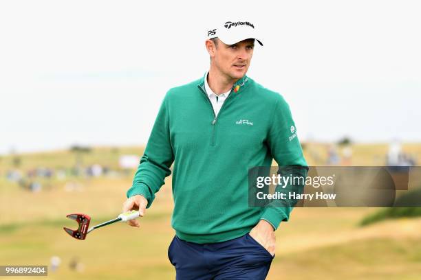 Justin Rose of England reacts to a bogey putt on hole four during day one of the Aberdeen Standard Investments Scottish Open at Gullane Golf Course...