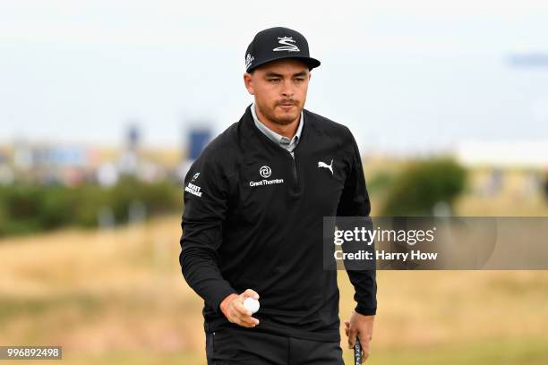 Rickie Fowler of USA reacts to a birdie putt on hole four during day one of the Aberdeen Standard Investments Scottish Open at Gullane Golf Course on...