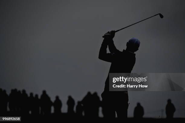 Justin Rose of England takes his second shot on hole five during day one of the Aberdeen Standard Investments Scottish Open at Gullane Golf Course on...