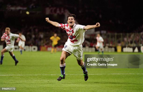 Croatia player Davor Suker celebrates after scoring against Jamaica at the 1998 World Cup Finals on June 14, 1998 in Lens, France.