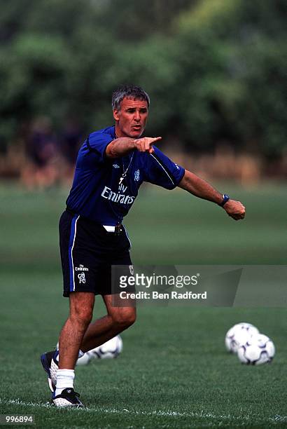 Chelsea coach Claudio Ranieri issues instructions during a training session at the launch of the new Chelsea away kit at the Chelsea Training Ground...