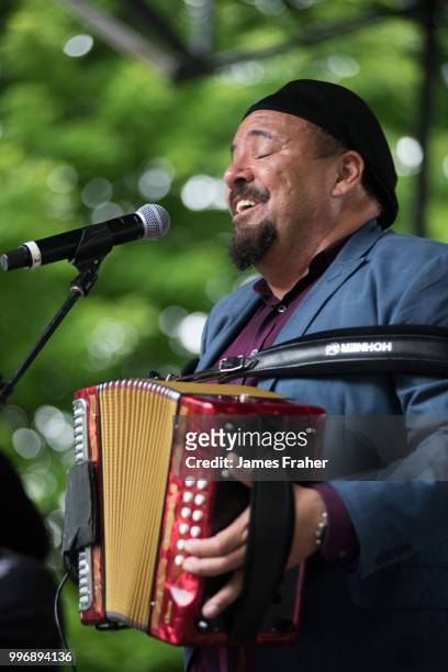 Accordion player Terrance Simien performs on stage at The Chicago Blues Festival on June 10, 2018 in Chicago, Illinois, United States.