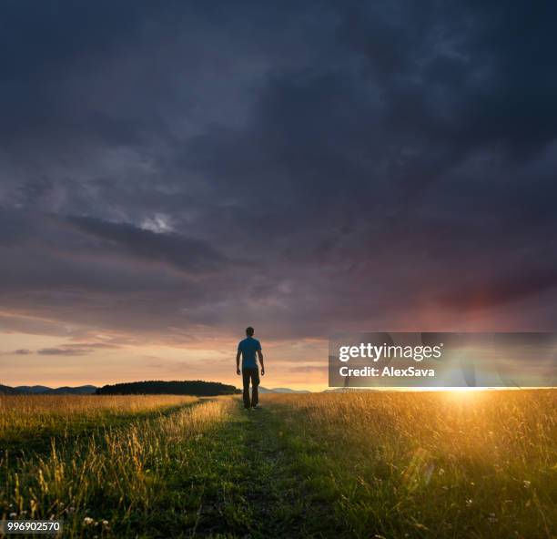 man standing on field during majestic sunset - curiosity abstract stock pictures, royalty-free photos & images