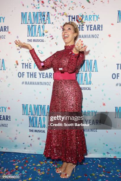 Catriona Rowntree throws confetti in the air as she attends the opening night of Mamma Mia! The Musical at Princess Theatre on July 12, 2018 in...