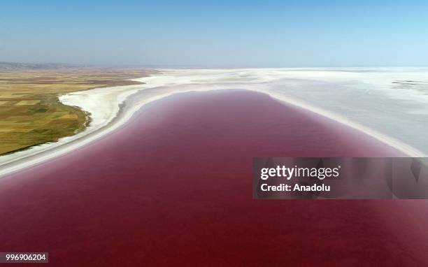 View of "Salt Lake" is seen after its color turned to red due to Dunaliella salina in Aksaray, Turkey on July 12, 2018. Dunaliella salina is a kind...