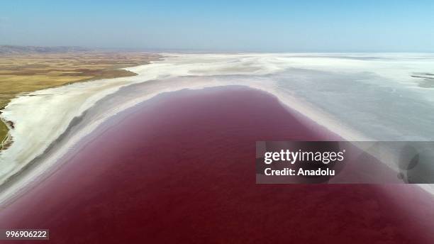 View of "Salt Lake" is seen after its color turned to red due to Dunaliella salina in Aksaray, Turkey on July 12, 2018. Dunaliella salina is a kind...