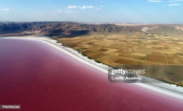 View of "Salt Lake" is seen after its color turned to red due to Dunaliella salina in Aksaray, Turkey on July 12, 2018. Dunaliella salina is a kind...