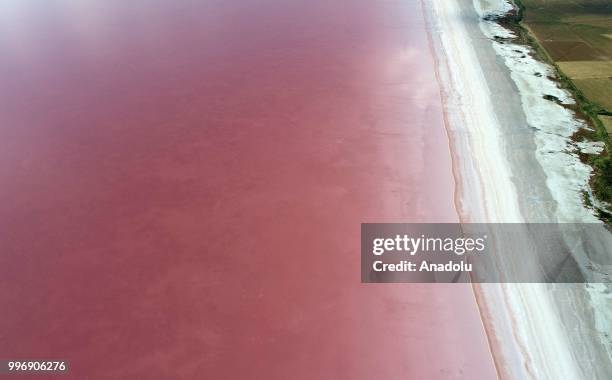 View of "Salt Lake" is seen after its color turned to red due to Dunaliella salina in Aksaray, Turkey on July 12, 2018. Dunaliella salina is a kind...