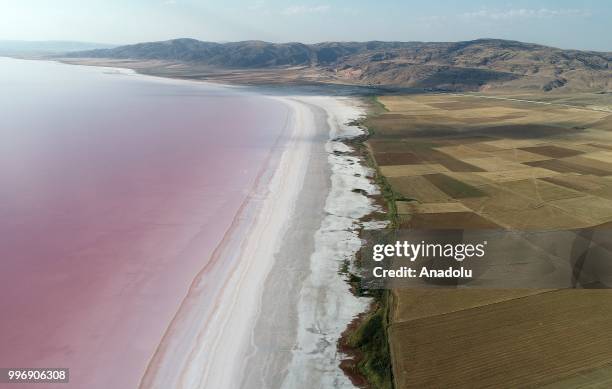 View of "Salt Lake" is seen after its color turned to red due to Dunaliella salina in Aksaray, Turkey on July 12, 2018. Dunaliella salina is a kind...