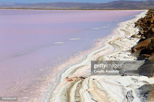 View of "Salt Lake" is seen after its color turned to red due to Dunaliella salina in Aksaray, Turkey on July 12, 2018. Dunaliella salina is a kind...