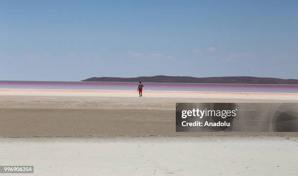 View of "Salt Lake" is seen after its color turned to red due to Dunaliella salina in Aksaray, Turkey on July 12, 2018. Dunaliella salina is a kind...