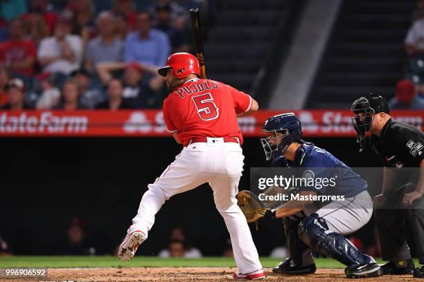 Albert Pujols of the Los Angeles Angels of Anaheim at bat during the MLB game against the Seattle Mariners at Angel Stadium on July 11, 2018 in...