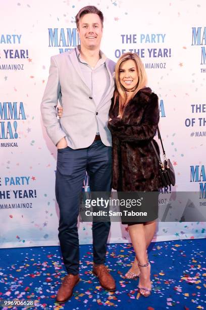 Troy Delmage and Carly Bowyer attends opening night of Mamma Mia! The Musical at Princess Theatre on July 12, 2018 in Melbourne, Australia.