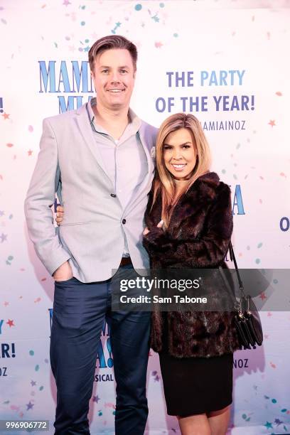 Troy Delmage and Carly Bowyer attends opening night of Mamma Mia! The Musical at Princess Theatre on July 12, 2018 in Melbourne, Australia.