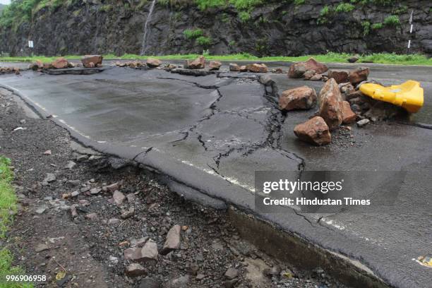 Cracks observed on newly repaired Mumbra by pass road, on July 11, 2018 in Mumbai, India. Constructed seven years ago to restrict heavy vehicles from...