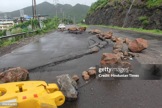 Cracks observed on newly repaired Mumbra by pass road, on July 11, 2018 in Mumbai, India. Constructed seven years ago to restrict heavy vehicles from...