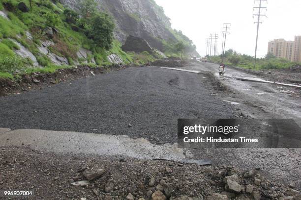 Cracks observed on newly repaired Mumbra by pass road, on July 11, 2018 in Mumbai, India. Constructed seven years ago to restrict heavy vehicles from...