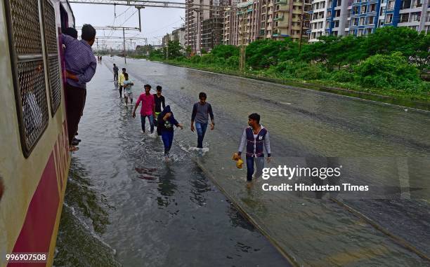 Water Logging on railway track between Vasai and Nallasopara, on July 11, 2018 in Mumbai, India. Heavy rains made a comeback in Mumbai causing...