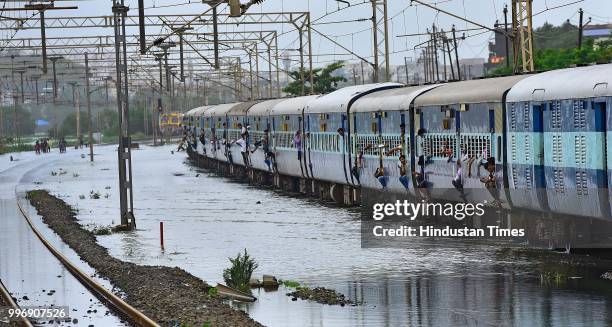 Water Logging on railway track between Vasai and Nallasopara, on July 11, 2018 in Mumbai, India. Heavy rains made a comeback in Mumbai causing...