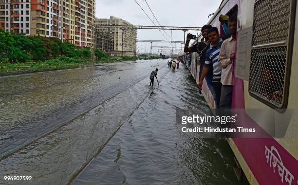 Water Logging on railway track between Vasai and Nallasopara, on July 11, 2018 in Mumbai, India. Heavy rains made a comeback in Mumbai causing...