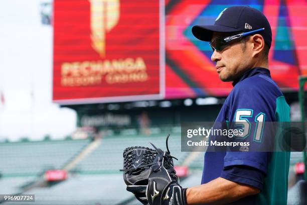 Ichiro Suzuki of the Seattle Mariners looks on during the MLB game against the Los Angeles Angels at Angel Stadium on July 11, 2018 in Anaheim,...