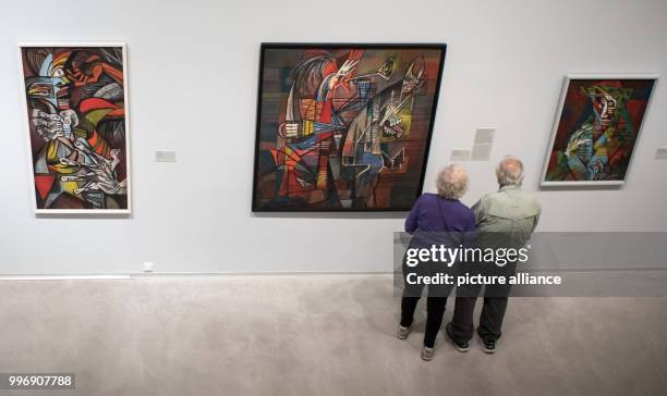 Visitors at the the exhibition "Jeanne Mammen - The Observer - Retrospective 1910-1975" during a press conference at the Berlinische Galerie in...