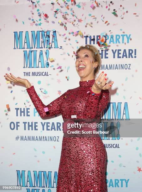 Catriona Rowntree throws confetti in the air as she attends the opening night of Mamma Mia! The Musical at Princess Theatre on July 12, 2018 in...