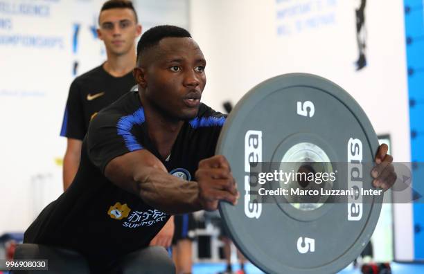 Kwadwo Asamoah of FC Internazionale trains in the gym during the FC Internazionale training session at the club's training ground Suning Training...