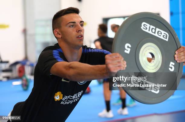 Gabriele Zappa of FC Internazionale trains in the gym during the FC Internazionale training session at the club's training ground Suning Training...