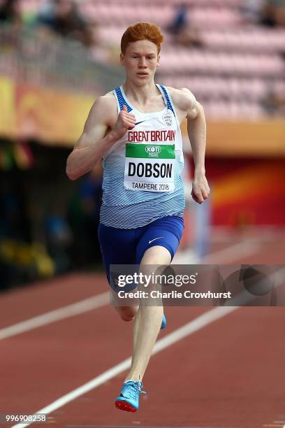 Charles Dobson of Great Britain in action during a heat of the mens 200mon day three of The IAAF World U20 Championships on July 12, 2018 in Tampere,...