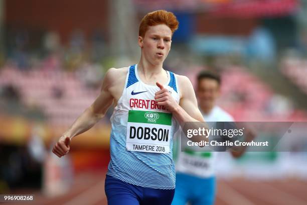 Charles Dobson of Great Britain in action during a heat of the mens 200mon day three of The IAAF World U20 Championships on July 12, 2018 in Tampere,...