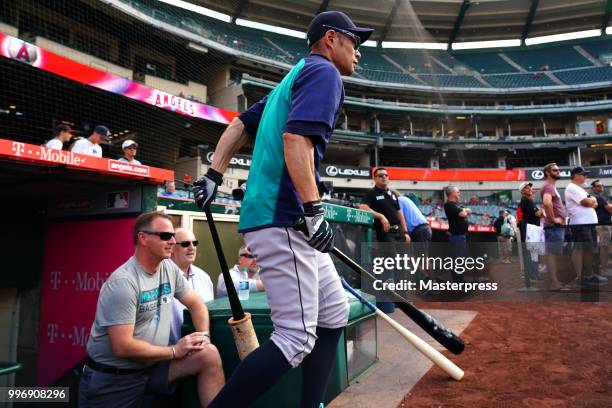 Ichiro Suzuki of the Seattle Mariners looks on during the MLB game against the Los Angeles Angels at Angel Stadium on July 11, 2018 in Anaheim,...