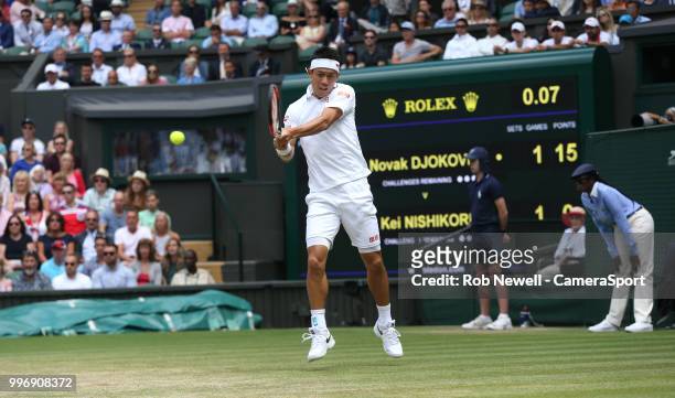 Kei Nishikori during his match against Novak Djokovic in their Men's Quarter Final match at All England Lawn Tennis and Croquet Club on July 11, 2018...