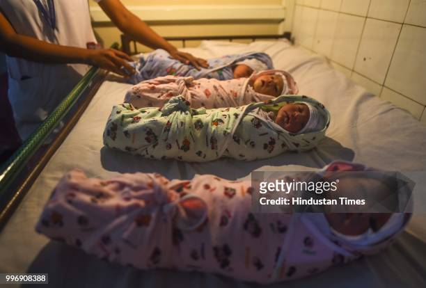 New born babies on World Population Day at Wadia Hospital, Parel, on July 11, 2018 in Mumbai, India. World Population day is an annual event,...