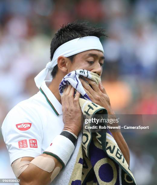 Kei Nishikori during his match against Novak Djokovic in their Men's Quarter Final match at All England Lawn Tennis and Croquet Club on July 11, 2018...