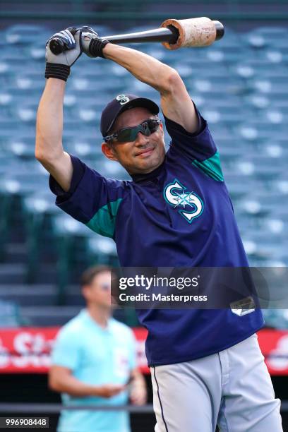 Ichiro Suzuki of the Seattle Mariners looks on during the MLB game against the Los Angeles Angels at Angel Stadium on July 11, 2018 in Anaheim,...