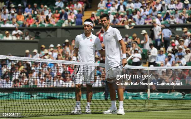 Kei Nishikori during his match against Novak Djokovic in their Men's Quarter Final match at All England Lawn Tennis and Croquet Club on July 11, 2018...