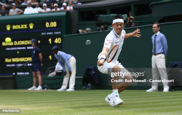 Kei Nishikori during his match against Novak Djokovic in their Men's Quarter Final match at All England Lawn Tennis and Croquet Club on July 11, 2018...