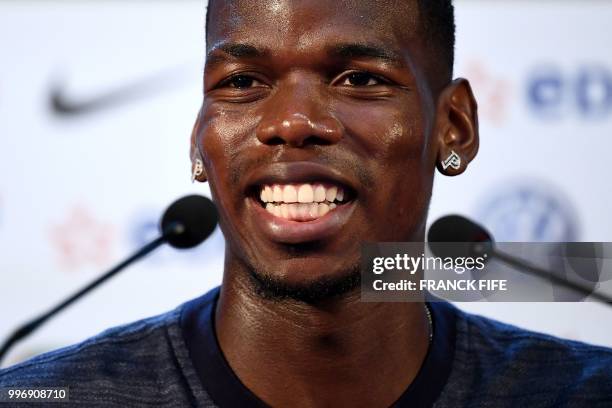 France's midfielder Paul Pogba attends a press conference at the press centre in Istra, west of Moscow, on July 12 ahead of their Russia 2018 World...