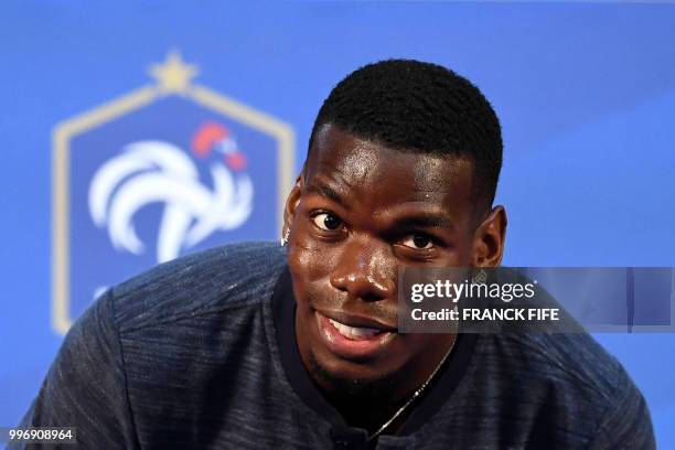 France's midfielder Paul Pogba attends a press conference at the press centre in Istra, west of Moscow, on July 12 ahead of their Russia 2018 World...