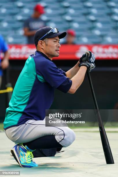 Ichiro Suzuki of the Seattle Mariners looks on during the MLB game against the Los Angeles Angels at Angel Stadium on July 11, 2018 in Anaheim,...