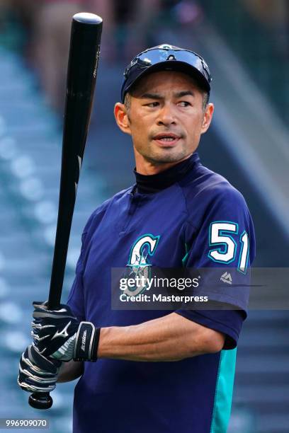 Ichiro Suzuki of the Seattle Mariners looks on during the MLB game against the Los Angeles Angels at Angel Stadium on July 11, 2018 in Anaheim,...