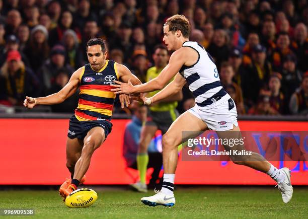 Eddie Betts of the Crows kicks the ball during the round 17 AFL match between the Adelaide Crows and the Geelong Cats at Adelaide Oval on July 12,...