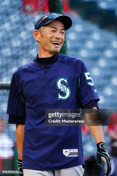 Ichiro Suzuki of the Seattle Mariners looks on during the MLB game against the Los Angeles Angels at Angel Stadium on July 11, 2018 in Anaheim,...